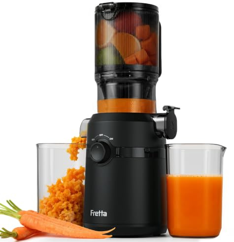 Fretta Extractor de Zumos y Verduras, Apertura de 108MM y Capacidad de 1L, Licuadora Prensado en Frio para Verduras Frutas Enteras, 200W Slow Juicer Machine, Fácil Montaje y Limpieza, Sin BPA (Negro)