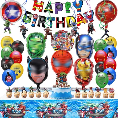 93 Stück Jungengeburtstag Deko, Enthalten Banner, Kids Stickers, Cupcake Dekorationen, Tischdecke, Hängende Dekorationen, Geburtstagsballons, Kinder party deko