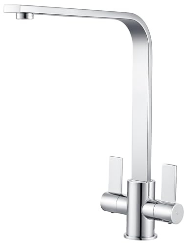 Hapilife Kitchen Mixer Taps 1 Hole L-Shape Dual Lever 304 Stainless Steel | Modern Chrome Kitchen Tap Square Spout, 360° Swivel Monobloc Tap for Two Sinks with Fittings, 33CM Height, Easy DIY Install