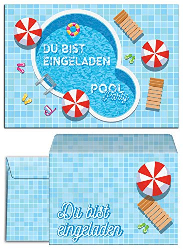 JuNa-Experten 12 Einladungskarten zum Kindergeburtstag Schwimmbad Party – Pool Party Einladungen für Mädchen und Jungen, inkl. 12 Umschläge, Geburtstagseinladungen
