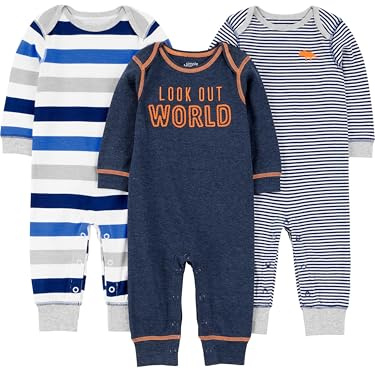 Simple Joys by Carter's Baby-Jungen 3-Pack Jumpsuits Spieler, Grau Meliert Rugby-Streifen/Marineblau Textaufdruck/Weiß Streifen, 6-9 Monate (3er Pack)