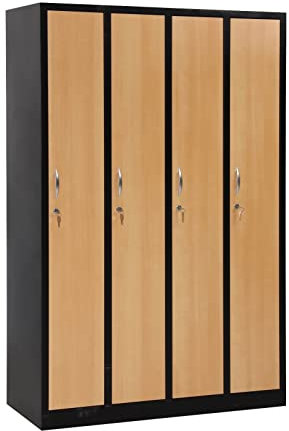 Furni24 Garderobenschrank 120x50x180 Garderobenspind Umkleidespind Spind Schrank Kleiderschrank Abschließbar schwarz/buche 4 türig 30cm Abteilbreite fertig montiert Verschiedene Ausführungen verfügbar