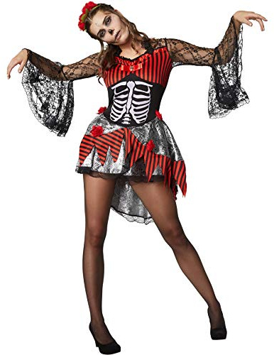 dressforfun 900415 - Damenkostüm gruselige Tänzerin, Kurzkleid mit Knochenaufdruck und Totenkopf (XXL | Nr. 302004)