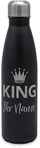 printplanet - Isolierte Trinkflasche mit Text oder Namen graviert - Edelstahl Thermo-Flasche mit Gravur, 500ml - Schwarz - Motiv: King