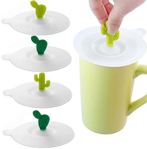 MINGZE 4 Pcs Silicone Glass Cup Covers, Reusable Anti-dust Cup Cover, Food-grade Drink Coffee Beer Mug Wine Glass Creative Cute Cactus Anti-Dust Cup Lids Dark Green Light Green