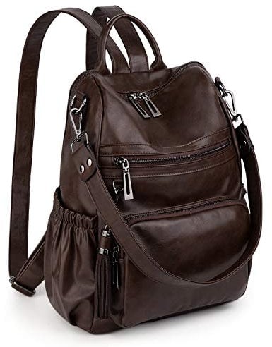 UTO Damen Rucksack Glattleder PU Washed Leder Modischer Multifunktionsrucksack mit Quastendesign Lässige Schultertaschen vielen Kompartiment Reißverschluss Umhängetasche Schule Schulrucksack Kaffee