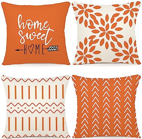 YCOLL Lot de 4 housses de coussin modernes pour l’automne en lin pour canapé, lit, voiture, 50 x 50 cm, orange