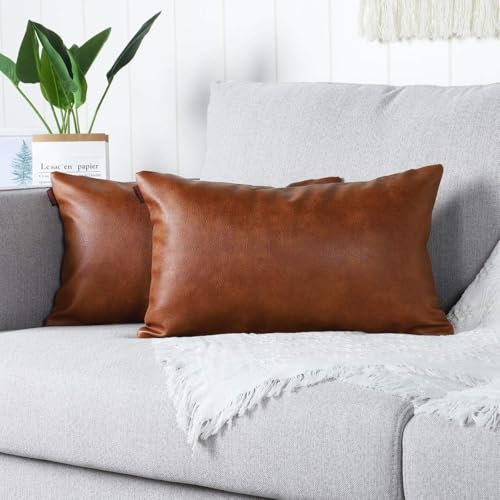 Mandioo 2er Set aus Kunstleder Kissenbezug Dekorativen Quadratisch Überwurf Kissenbezüge Kissen für Sofa Schlafzimmer 12x20, 30 x 50 cm,Braun