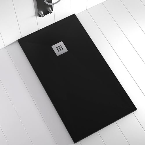 Shower Online Plato de ducha Resina PLES - 90x150 - Textura Pizarra - Antideslizante - Todas las medidas disponibles - Incluye Rejilla Inox y Sifón - Negro 9005