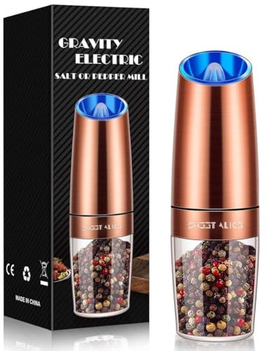 Gravity Electric Pepper/Salt Grinder, Salt or Pepper Mill, Adjustable Coarseness, Battery Powered with LED Light, One Hand Automatic Operation, Stainless Steel (Single/Copper)