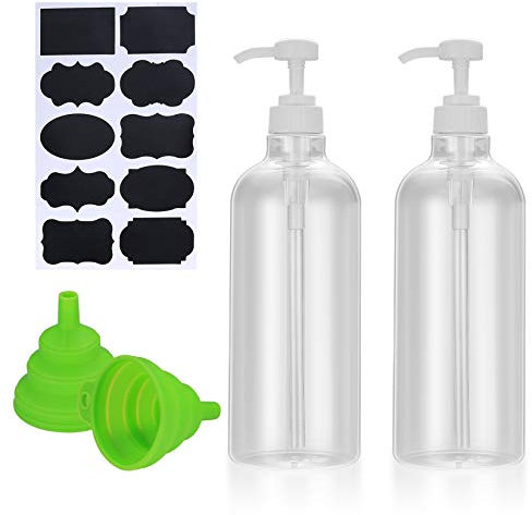 2 Pcs Shampoo and Conditioner Bottles, 1000ml Empty Plastic Refillable Handwash Shower Soap Pump Bottles Dispensers for Cleaning, Travel, Liquids, with Silicone Funnel and Labels