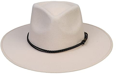 JK Home Fedora-Hut mit breiter Krempe, Wollfilz, Panama-Kappe, Einheitsgröße, Unisex, Damen, Herren, schwarzes geflochtenes Lederband, Beigefarbenes geflochtenes Leder, Einheitsgröße