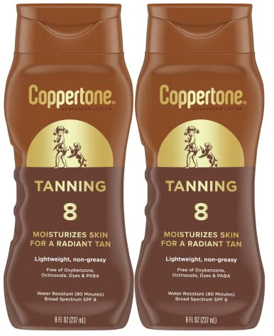Coppertone Tanning Sunscreen Lotion, SPF 8 Broad Spectrum Sunscreen, 8 Fl Oz, Pack of 2