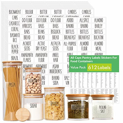 612 All Caps Minimalist Pantry Food Labels, Herb Spice Seasoning Oil Stickers, Plus 51 Blank Ones, Waterproof, Oil & Tear Resistant, No Residue, Expand Version for Kitchen Containers Jars