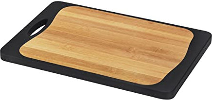 WENKO Planche à découper combi, antidérapante avec un côté en plastique antibactérien pour viande & poisson et un côté en bambou & plastique, poignée & sillon à jus, 33 x 23 cm, noir/couleur naturelle