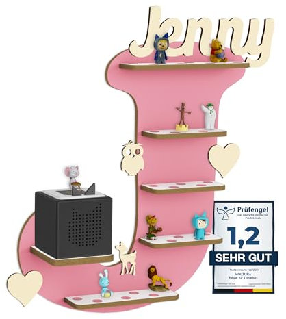 Holzura Tonie Regal für Toniebox, Toniebox Regal personalisiert mit Name und Holzsymbolen, Tonie Aufbewahrung (Buchstabe J)