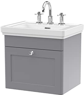 nuie CLC291B Classique Traditional Bathroom Wall Hung 1 Drawer Vanity Basin Unit with 3 Tap Hole Fireclay Basin, 500mm, Satin Grey