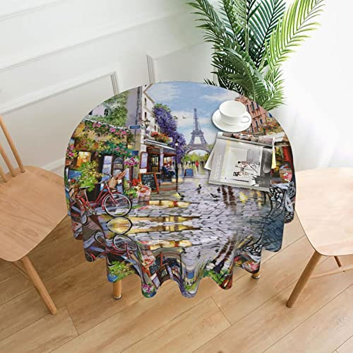 OGNOT Paris Street Scene Eiffelturm Runde Tischdecke, Dekostoff Tischdecke für Esstisch, Buffet-Partys und Camping