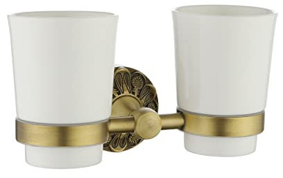 Lucyound Porte Brosses à Dents en Laiton et Céramique, Double Support de Brosse à Dents Murale avec 2 Tasses, Métal Or Antique et Céramique Blanche