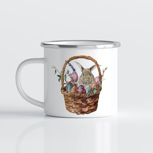 online-hut - Tasse - Emaille Kaffeebecher - Lieblingstasse - Ostertasse - Ostern - Osterhase im Korb - EOT-7
