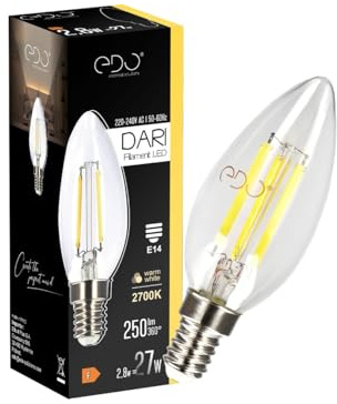 EDO Dekorative Glühbirne LED DARI E14 Filament 2,8W Warmweiß 2700K 250lm CLEAR C35 Leuchtmittel Energiesparlampe Lampe Dekorative Ideal für Retro- und Industrial-Design