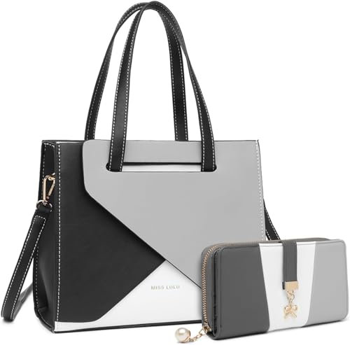 Miss Lulu Damen Handtasche Henkeltasche PU Leder Schultertasche mit verstellbarem Riemen, Tragegriff oben, für Alltags Mode Arbeit Mittelgroß mit Geldbörse 2-teiliges Set