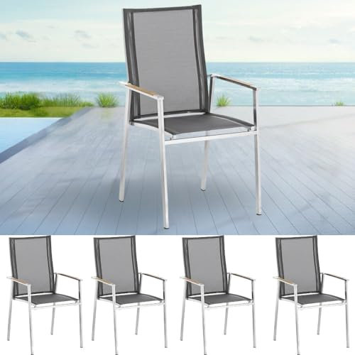 LEBENSwohnART 4er-Set Premium Hochlehner 100cm Gartenstuhl Acero Silber-grau Textilene Edelstahl stapelbar