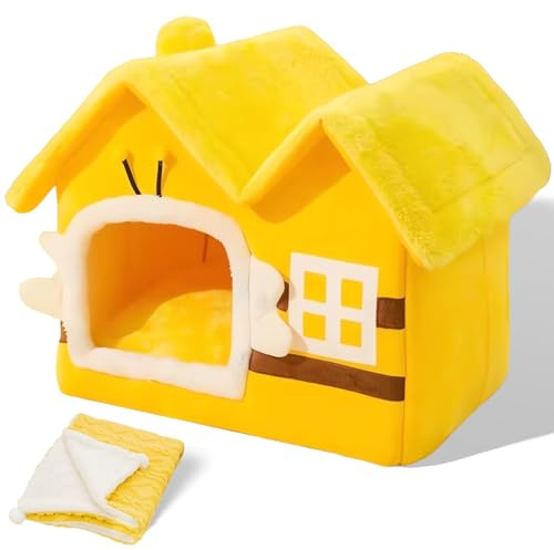SEOUGEE Warm Cosy Dog & Cat Bed, Indoor Igloo with Removable Cushion, Washable & Foldable, Non-Slip Bottom (Yellow Bee,M)