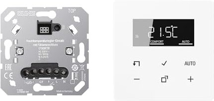 JUNG Home Raumthermostat-Set mit 1790RTR Raumtemperaturregler-Einsatz mit Fühleranschluss + BTLS1791WW Raumthermostat-Display Glas Alpinweiß Serie LS