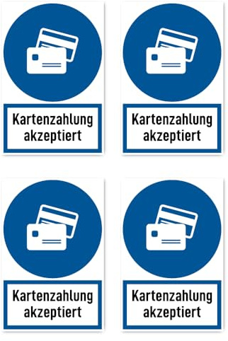 Aufkleber: 150x100 mm, 4 Stück - Kartenzahlung akzeptiert - Gebotszeichen mit Text (deutsch) (blau/weiß) - hochkant - DIN EN ISO 7010 / ASR A1.3