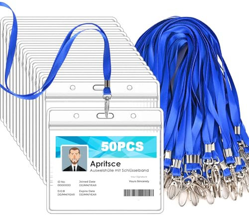 Porta Tarjetas Colgante, Apritsce 50PCS Plástico Porta Tarjetas Con Cordones, Transparente Identificadores Personales Funda Tarjeta Identificación, Para La Escuela, Festival, Evento(Azul, Horizontal)