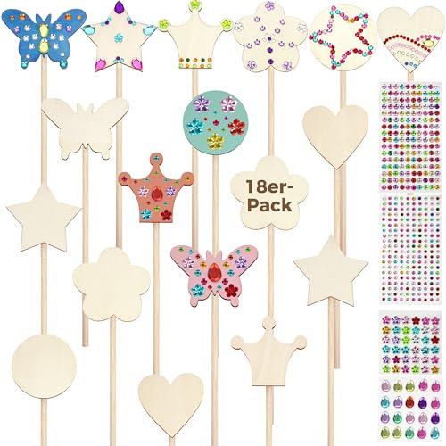 Winter Shore Kit Baguette Magique en Bois & Strass Autocollants (Lot de 18) - Kit Activites Manuelles pour Enfants - Baguette Magique Enfant & Adultes - Fournitures de Loisirs Créatifs Kit Princesse