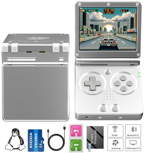 RG35XXSP Console de jeu portable RG35XXSP Clamshell Retro Console de jeu avec carte TF 64G Console de jeu portable avec écran IPS 3,5 Batterie 3300 mAh 5G WiFi Bluetooth HD et sortie TV Argent