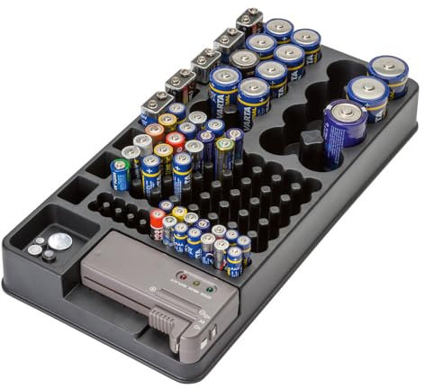 EUROtops Batteriebox mit Tester – Batteriebox mit 98 Plätzen/Organizer ohne Batterien, Für AAA-, AA-, C-, D- und 9V Block-Batterien, Herausnehmbarer Batterietester, Schwarz