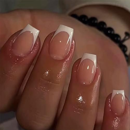 Unghie Finte Corte a Quadrato con Bordo Francese, Confezione da 24 Unghie Artificiali Nude Ballerina, Unghie Acriliche per Donne e Ragazze, Decorazioni per Unghie