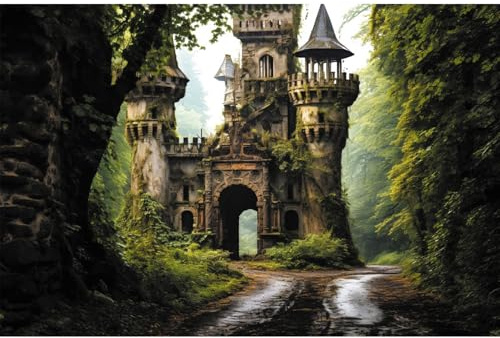 YongFoto Mysterious Castle in The Forest Hintergrund 3 x 2,1 m Verzauberter Wald Vintage Mittelalterliche Burg Fotografie Hintergrund Märchen Wunderland Party Banner Kinder Portraits Fotoshooting