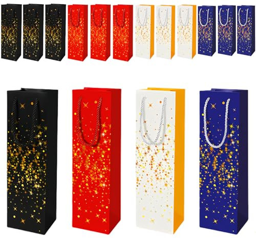 12 Pcs Christmas Kraft Paper Bottle Bags - Wine, Whiskey & Champagne Gift Bags with Strong Rope Handles, Reusable Wine Tote for Christmas Party