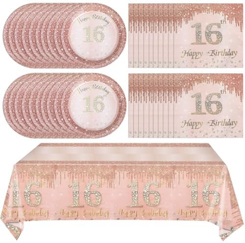 41Pcs 16th Birthday Party Decorations for Girls, Rose Gold Birthday Supplies Include 20 Plates 20 Napkins and 1 Pcs Tablecloth, Sweet Sixteen Year Old Birthday Party Tableware for Girls Kids Children