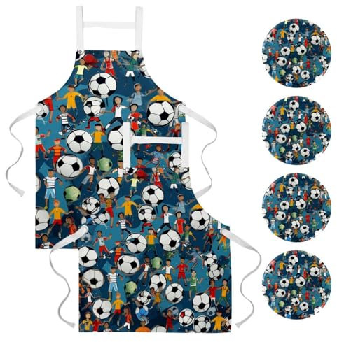 2 delantales para mujer con bolsillos, delantales de lona impermeables para cocina, delantal de chef para hombres y mujeres con correa ajustable e insignia (dibujos animados de fútbol para niños),