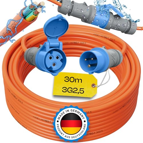 maxgo Camping Stromkabel 30m Wohnwagen Kabel Wohnmobil CEE Stecker Verlängerungskabel Orange 3x2,5 Campingkabel 30 Meter Strom Verlängerung H07BQ-F PUR Outdoor Mennekes