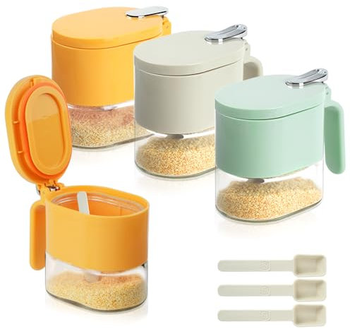 SHAIDOJIO 3 Piece Spice Jars, Clear Spice Box with Lid and Spoon, Glass Oval Seasoning Jars, Sealed Spice Container Storage, Large Opening Seasoning Box for Sugar Herb Spice Salt Pepper-3 Color