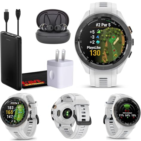 Garmin Approach S70 42MM White- GPS Golf Smartwatch for Men, Lightweight Touchscreen AMOLED Display and Preloaded Courses Bundle with Wireless Earbuds & More