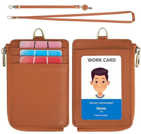 Wason Porte-Badge en Cuir avec Poche Zippée Lanière Détachable Dragonne et Enrouleur Badge Rétractable, Emplacement carte polyvalent Carte d'identité Badge Clé Permis de conduire (Marron)
