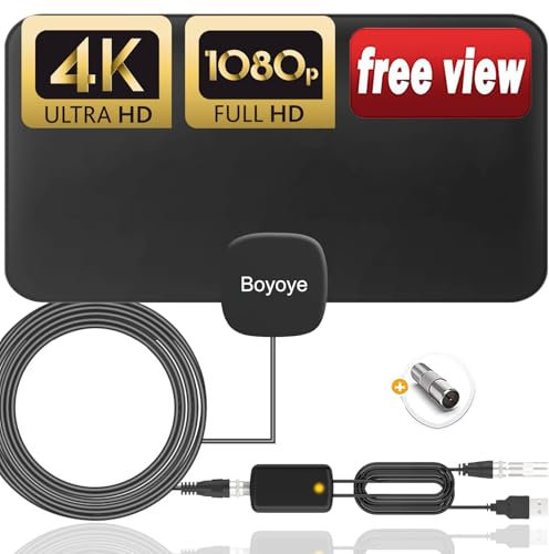 TV Aerial, Boyoye Indoor TV Aerial Long 280+ Miles Range - Support 1080p HD VHF UHF All TV's - Indoor Smart Amplifier Signal Booster - 16.5ft Coax HDTV Cable