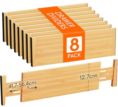 Lifewit 8 Pezzi Separatori per Cassetti in Bambù, Organizer Cassetti Regolabile 41.7-56.4cm, 12.7cm di Altezza, Divisori per Cassetti Cucina, Bagno e Stanza, Ideale per Vestiti, Stoviglie, Cosmetic