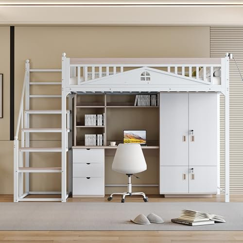 Zepneiy Lit Mezzanine 90 x 200 cm, barrière de sécurité Motif fenêtre, Boule en métal, avec échelle de sécurité Gauche et Droite Interchangeable, Blanc (Matelas Non Inclus)