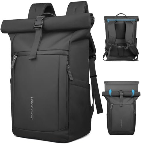 hk Einfaches Design Rolltop Rucksack Herren Frauen, 20-27L erweiterbarer wasserabweisender diebstahlsicherer Freizeitrucksack, 17 Zoll Laptop Rucksack, für Büro, Hochschule, Pendel– Schwarz