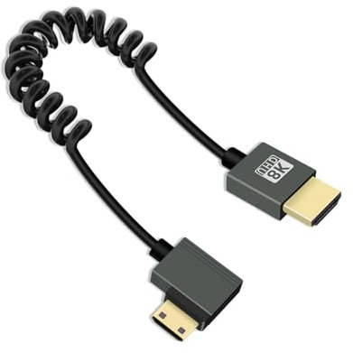 YANBORONSN 8K Mini HDMI Coiled Cable,90 Degree Right Angle Short Spring Spiral Mini HDMI 2.1 Cable Supports 8K@60Hz 48Gbps, for Camera,TV,Tablet 2.2Ft
