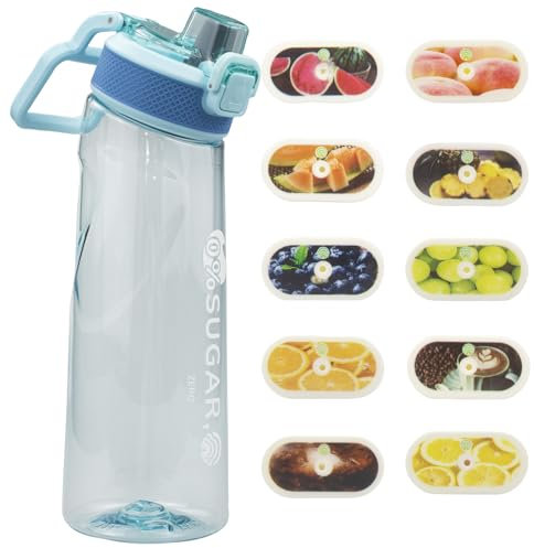 FLRWDJL Air Water Bottle with 10 Flavour Pods, 700ML Sports Water Bottles with Straw Scented pods Leak-Proof Drinks Bottle for Gym School Travel Outdoor (blue)