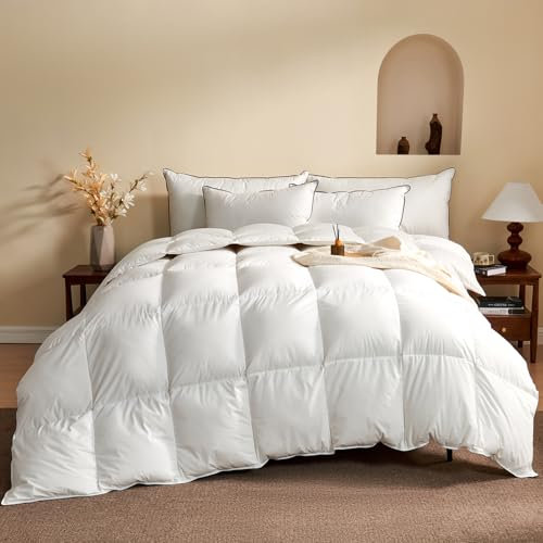 KUSNUG Couette d'oie 220x240 Coton Égyptien Mélangé, 100% Pur Duvet et Plumes 4 Saisons Couettes pour Hotel de Luxe, Couette Naturelle Tempérée Anti Acariens, Très Fluffy 240x220 cm 2 Personnes Blanc